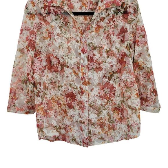 Womens Button Up Blouse S Pink Floral Sheer 3/4 Sleeve Collared Top Country - Picture 9 of 13
